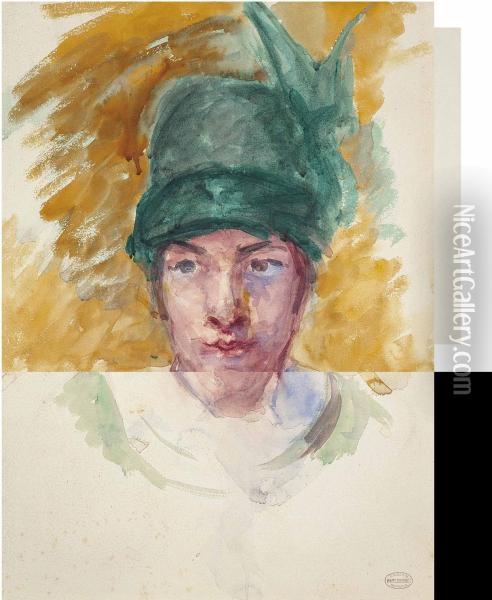 Sketch For Young Woman In A Small Winged Hat Holding A Cat Oil Painting - Mary Cassatt