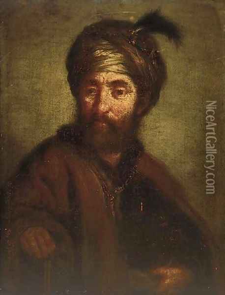 A man, half-length, in oriental dress Oil Painting - Rembrandt Van Rijn