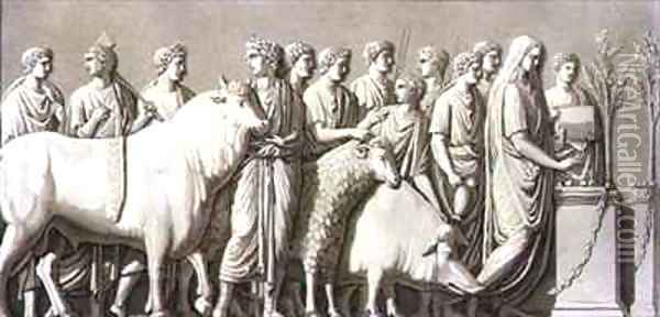 Bas relief of a bull, a ram and a boar led to a votive altar Oil Painting - G. Bramati