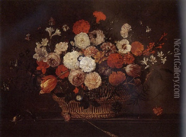 Still Life Of Flowers In A Basket Oil Painting - Pieter Hardime