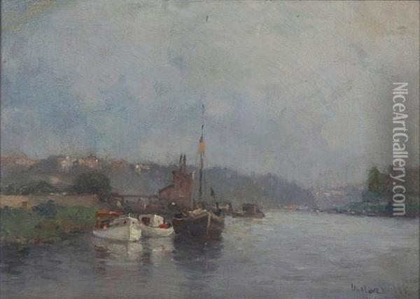 View Of Boats Along A River Oil Painting - Gustave Wolff