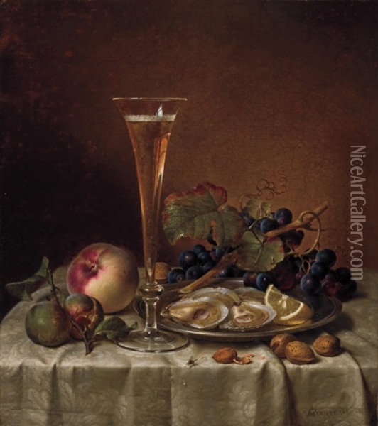 Still Life With Champagne, Oysters And Fly Oil Painting - Johann Wilhelm Preyer