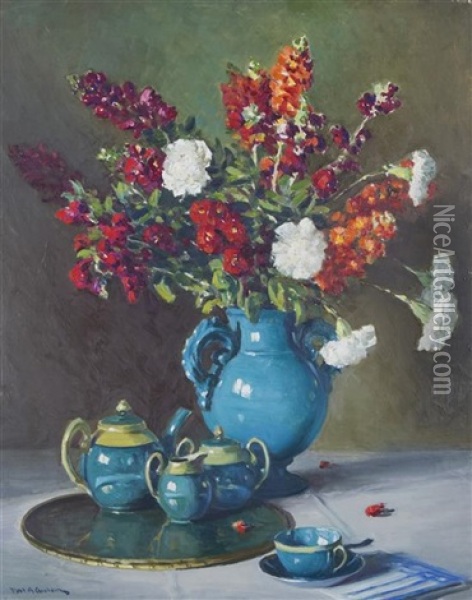 Flowers In A Blue Vase Oil Painting - Robert Alexander Graham