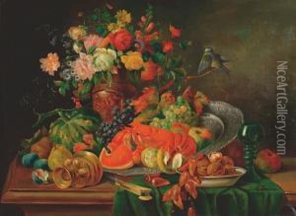Still Life Of Mixed Flowers, Fruit, Nuts, A Lobster, And Other Objects, On A Table Oil Painting - G. Tomassi