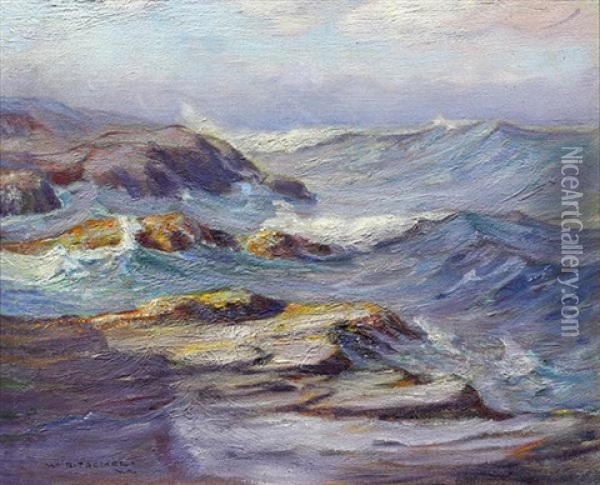 Crashing Waves On Rocks Oil Painting - William Ritschel