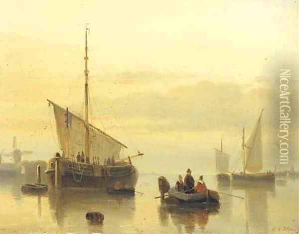 A calm shipping in an estuary at dusk Oil Painting - Cornelis Petrus T' Hoen