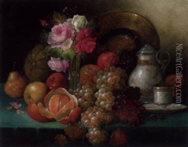 Grapes, Apples, Pears, Oranges And A Melon, With A Vase Of Roses, A Copper Ewer, A Pitcher Cup And Saucer On A Table Oil Painting - Joseph Urban