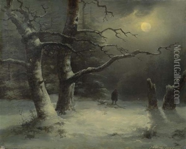 Winterlandschaft Bei Mondschein Oil Painting - Josef Karl Berthold Puettner