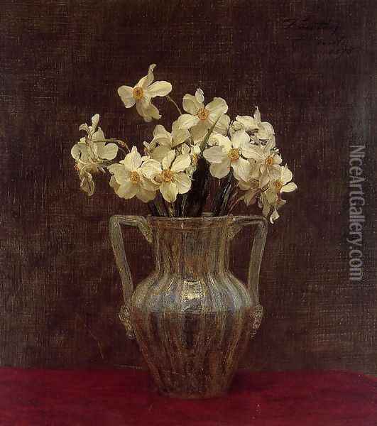 Narcisses in an Opaline Glass Vase Oil Painting - Ignace Henri Jean Fantin-Latour