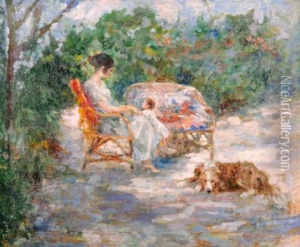 Scene De Famille Dans Un Jardin Fleuri Oil Painting - Carlo Bugatti