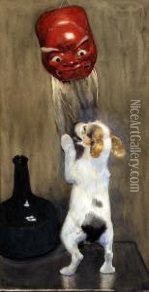 Playful Pup, Terrier, Noh Mask And Onion Bottle Oil Painting - Cecil Charles Aldin
