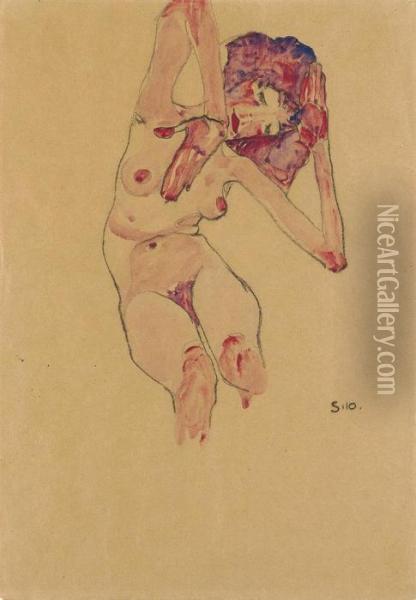 Sitzender Frauenakt Mit Geneigtem Kopf Und Erhobenen Armen Oil Painting - Egon Schiele