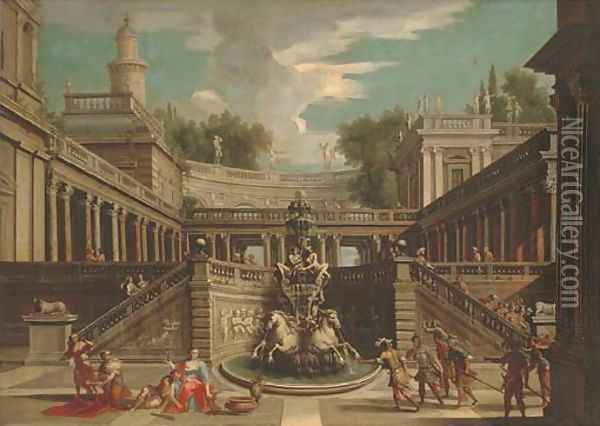 A capriccio of a classical palace with Samson and Delilah Oil Painting - Jean Lemaire