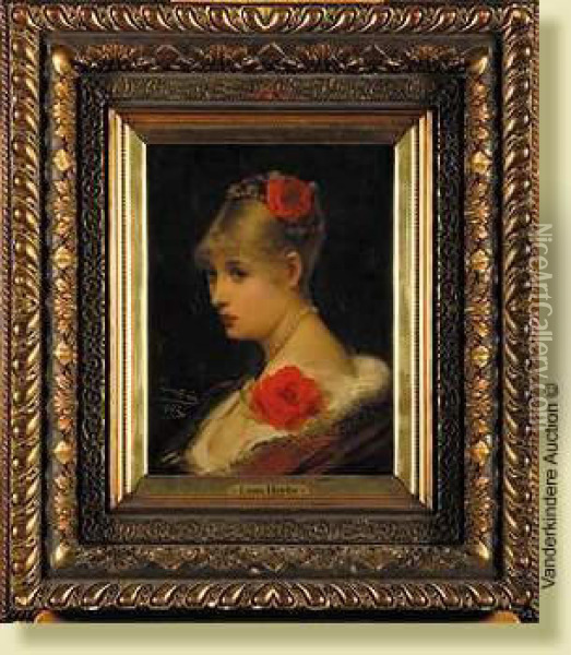 Portrait D'elegante Au Collier De Perles Etaux Roses Oil Painting - Leon Herbo