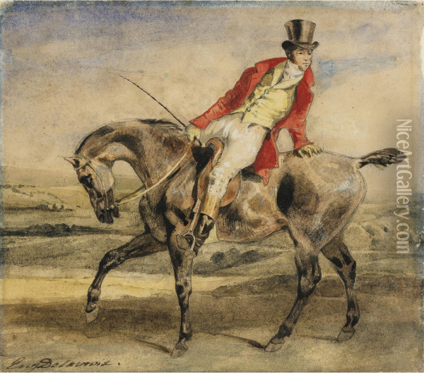 Cavalier En Veste Rouge, Tourne Vers L'arriere Oil Painting - Eugene Delacroix