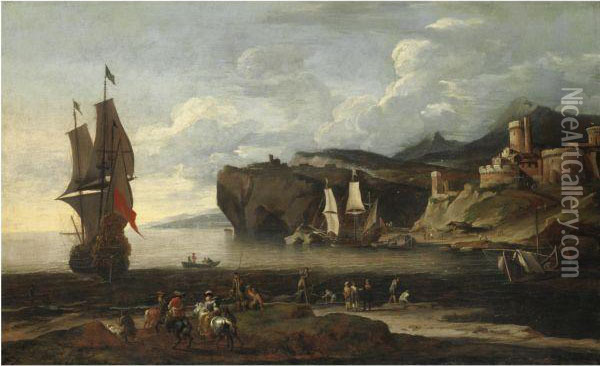 Veduta Costiera Con Imbarcazioni E Cavalieri Oil Painting - Johann Eismann