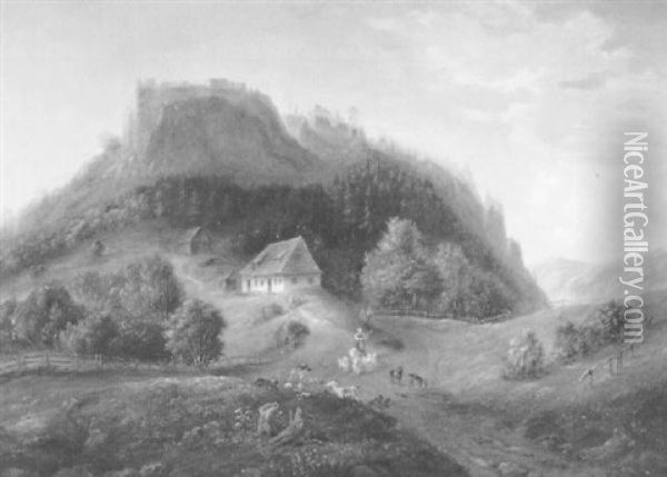 Landschaft Mit Blick Auf Die Ruine (murnau?), Mit Figurlicher Staffage Oil Painting - Theodor Glatz