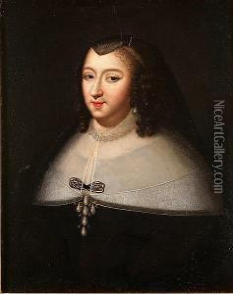 Portrait Of Anne Of Austria, 
Half-length, In A Black Dress With A White Collar And A Black Headdress Oil Painting - Charles Beaubrun