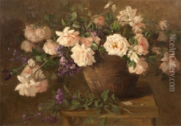 Still Life With Pink Roses Oil Painting - Edith White
