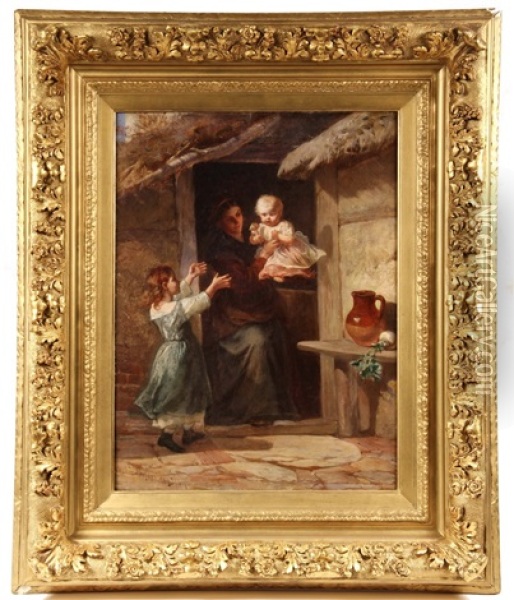 Young Mother With Two Daughters At Cottage Door Oil Painting - Walter Goodall