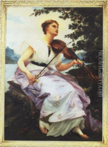 Muse In Violet With Violin Oil Painting - Lionel Noel Royer