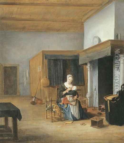 An interior with a woman seated by the fire holding a child upon her lap Oil Painting - Franciscus Carree