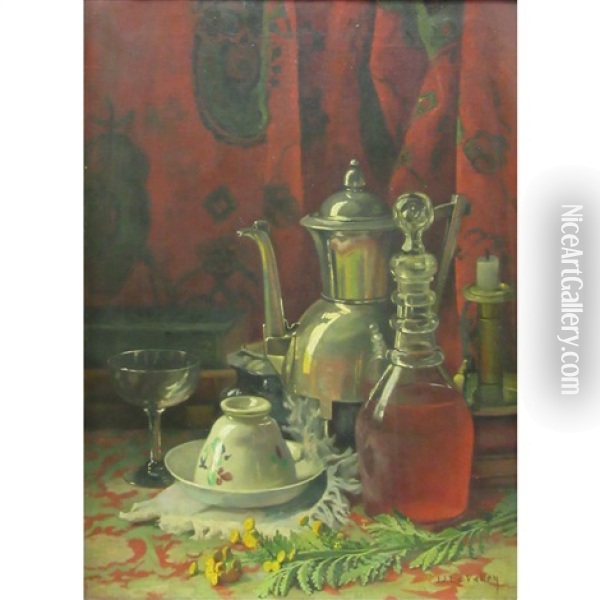 Still Life With Teapot, Wine Decanter And Candlestick Oil Painting - Jonas Joseph LaValley