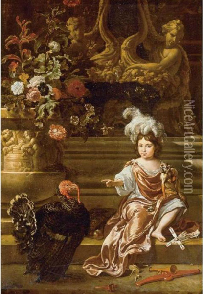 A Boy Seated On A Terrace With 
His Pet Monkey And A Turkey, A Still Life Of Flowers In A Sculpted Urn 
At Left Oil Painting - Jan Weenix