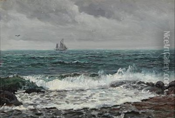 Waves With A Sailing Ship In The Horizon Oil Painting - Holger Luebbers
