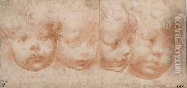 Study of Four Childrens Heads, c.1522-23 Oil Painting - Girolamo Francesco Maria Mazzola (Parmigianino)