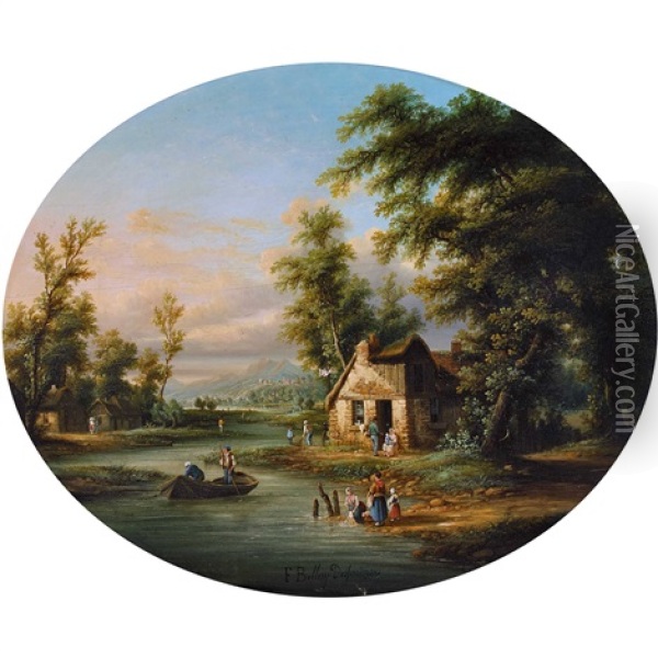 Flusslandschaft Mit Bauernhausern Und Staffage Oil Painting - Henri-J.-F. Bellery-Desfontaines