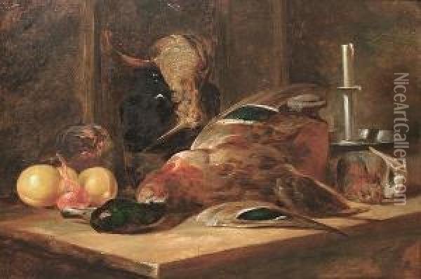 Still Life Of Dead Game And Fruit Resting On A Table Oil Painting - William Duffield