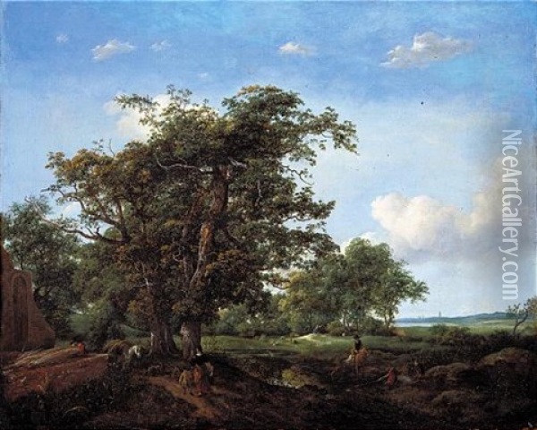 A Pastoral Landscape With Fishermen, A Shepherd Tending His Flock And A Man Bailing Hay Oil Painting - Cornelis Hendriksz Vroom