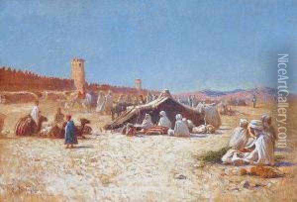 Campement Devant Les Remparts De Figuig Oil Painting - Alexis-Auguste Delahogue