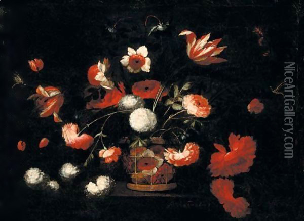 Still Life Of Various Flowers In A Basket On A Stone Ledge Oil Painting - Juan De Arellano