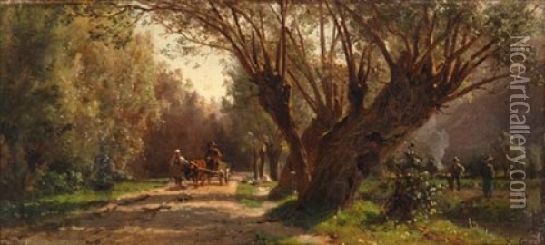 Baumbestandene Landschaft Mit Ochsenkarren Und Bauern Oil Painting - Karl Girardet