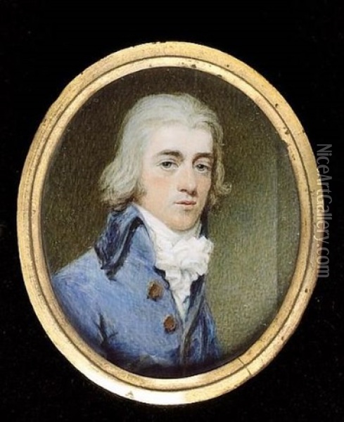 A Gentleman Wearing Lavender-blue Coat, Frilled White Chemise And Stock, His Hair Powdered (artist's Join To Right Side) Oil Painting - Henry Edridge