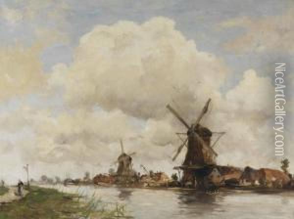 Aan De Rivier: Mills Along A River Oil Painting - Hobbe Smith