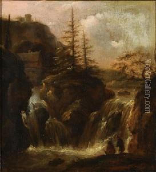 Landscape With A Waterfall Oil Painting - Jacob Van Ruisdael