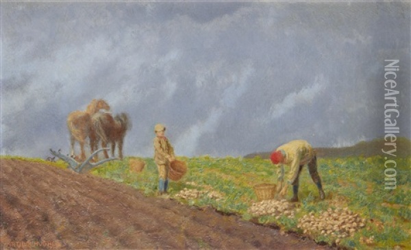 Potato Harvest Oil Painting - Arthur Hughes