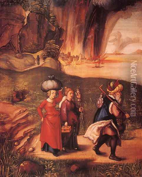 Lot Fleeing with his Daughters from Sodom I Oil Painting - Albrecht Durer