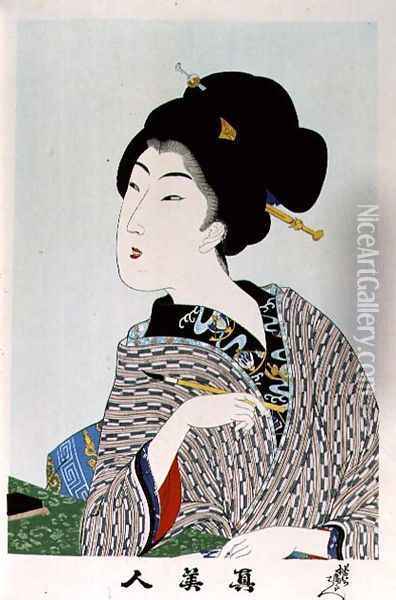 1973-22c Shin Bijin (True Beauties) depicting a woman holding a paintbrush, from a series of 36, modelled on an earlier series Oil Painting - Toyohara Chikanobu