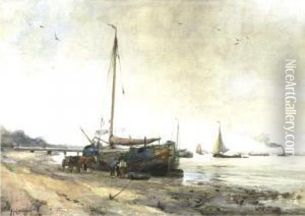 View Of Rotterdam Harbor Oil Painting - August Willem van Voorden