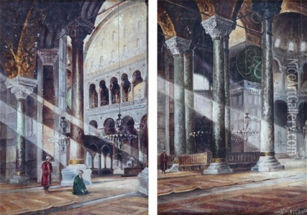 Interior (2 Works) Oil Painting - Wladimir Petroff