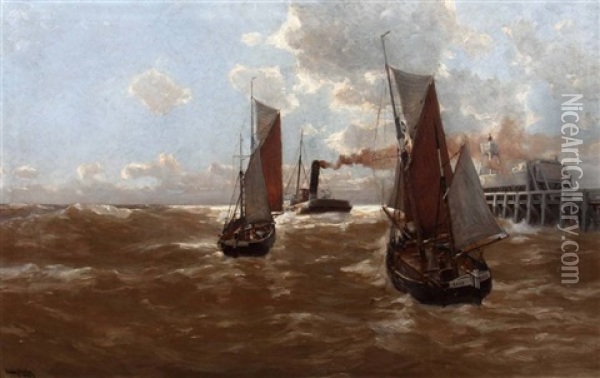 Ein Dampfsegler Und Zwei Segelschiffe Vor Einer Hafenmole Oil Painting - Erwin Carl Wilhelm Guenther