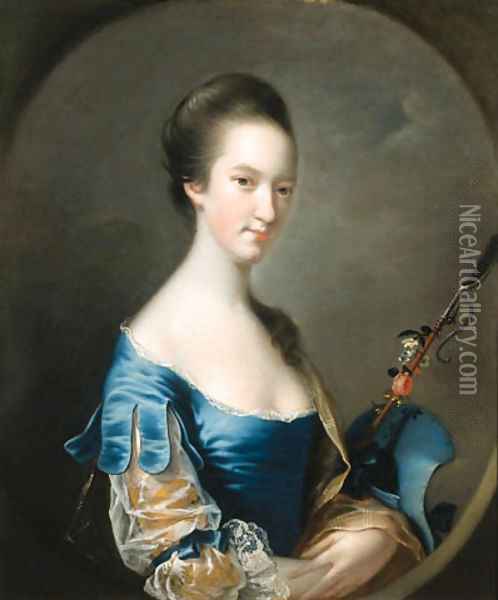 Portrait of a Lady, half-length, in a blue and yellow dress, holding a shepherd's crook decorated with flowers, in a painted oval Oil Painting - Josepf Wright Of Derby
