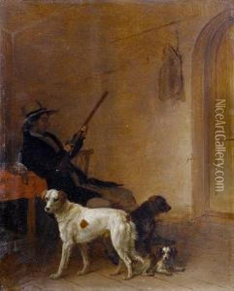 A Sportsman In An Interior With His Dogs Oil Painting - Edmund Bristow