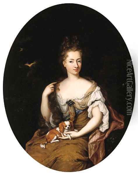 Portrait of a noblewoman, seated small three quarter length in a landscape, wearing a blue lined, ochre silk dress with lace chemise Oil Painting - Constantin Netscher