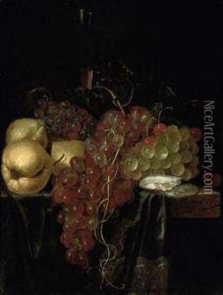 Oysters, Lemons, Cherries, Grapes, And A Glass Roemer On A Partly-draped Wooden Ledge Oil Painting - Lambert Van Slingelandt