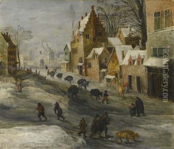 Winter Landscape With A Caravan Of Pack Donkeys Passing Through A Town, Two Farmers And Their Pigs In The Foreground Oil Painting - Joos de Momper the Younger